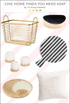 Super chic decor in your home finds you are bound to wish! A pillow, gold basket for laundry or storage, and more! by The Skinny Confidential