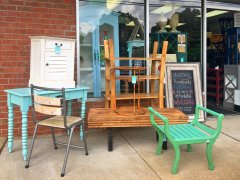 an attractive storefront setup of blues and vegetables at Nadeau.