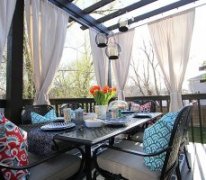 Deck Decorating Ideas: The Hampton Bay Fall River dining set under the brand-new pergola