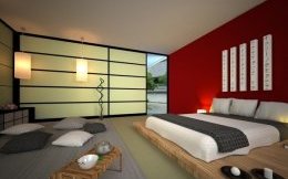 Japanese design bed design a few ideas Japanese style bedroom red accent wall