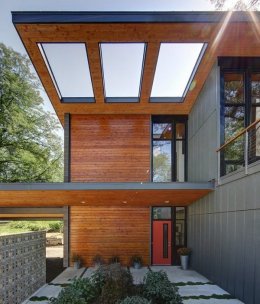 modern house architecture cantilevered wood roof skylight